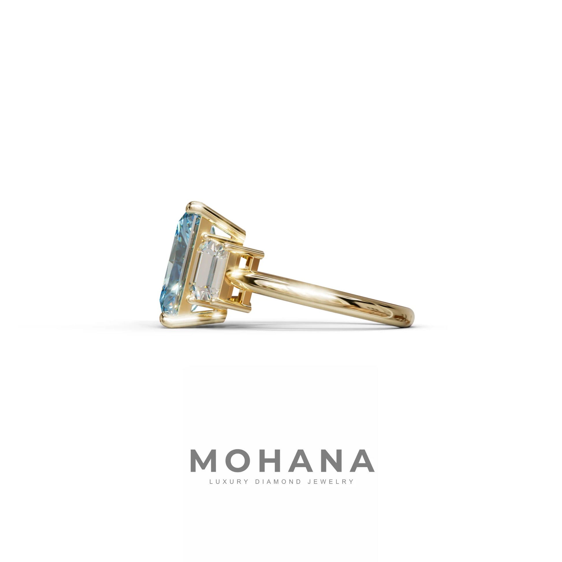 4 Carat Blue Radiant & Trapezoid Three Stone Engagement Ring - Embrace