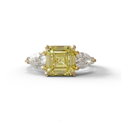 4 Carat Canary Yellow Asscher Cut Three Stone Lab Grown Diamond Engagement Ring - 10K Solid Gold / Yellow Gold