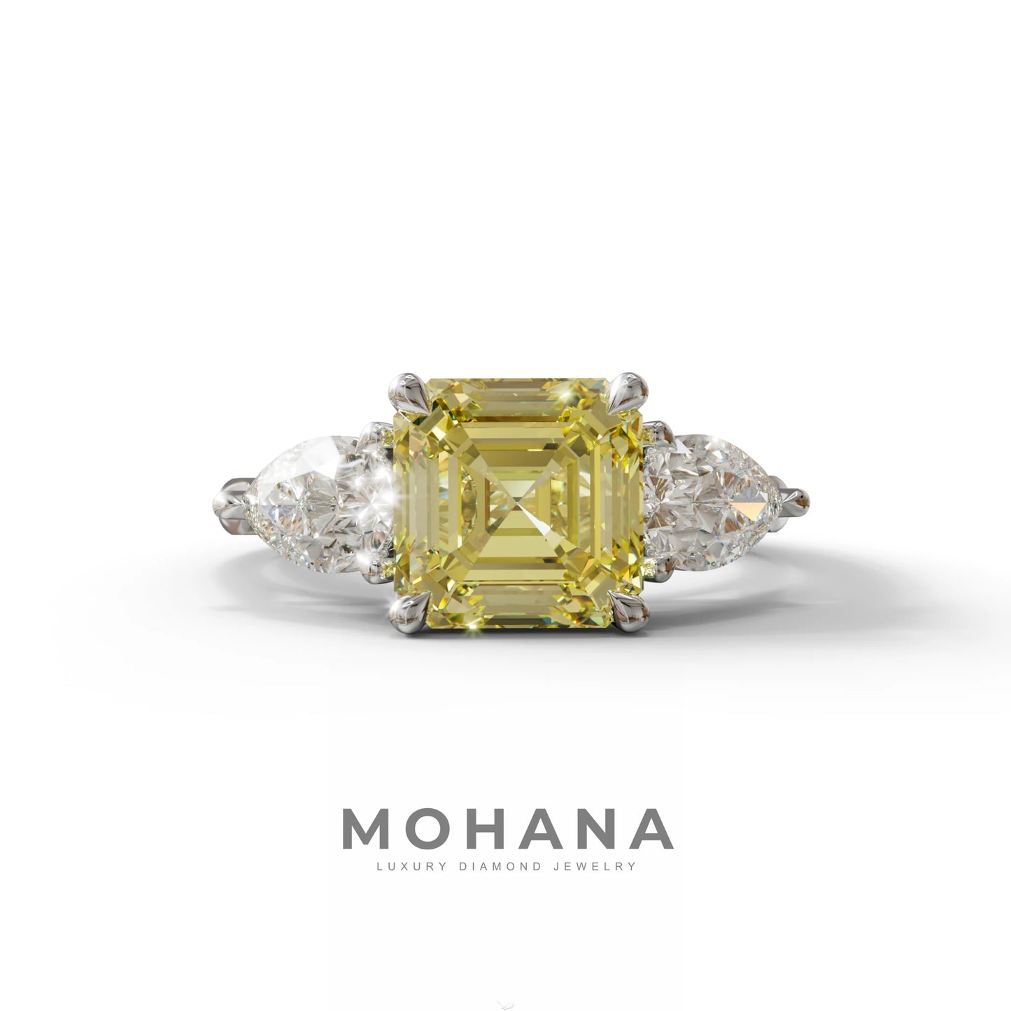 4 Carat Canary Yellow Asscher Cut Three Stone Lab Grown Diamond Engagement Ring - 10K Solid Gold / White Gold