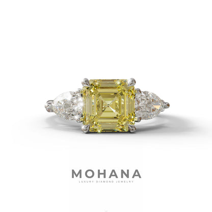 4 Carat Canary Yellow Asscher Cut Three Stone Lab Grown Diamond Engagement Ring - 10K Solid Gold / White Gold