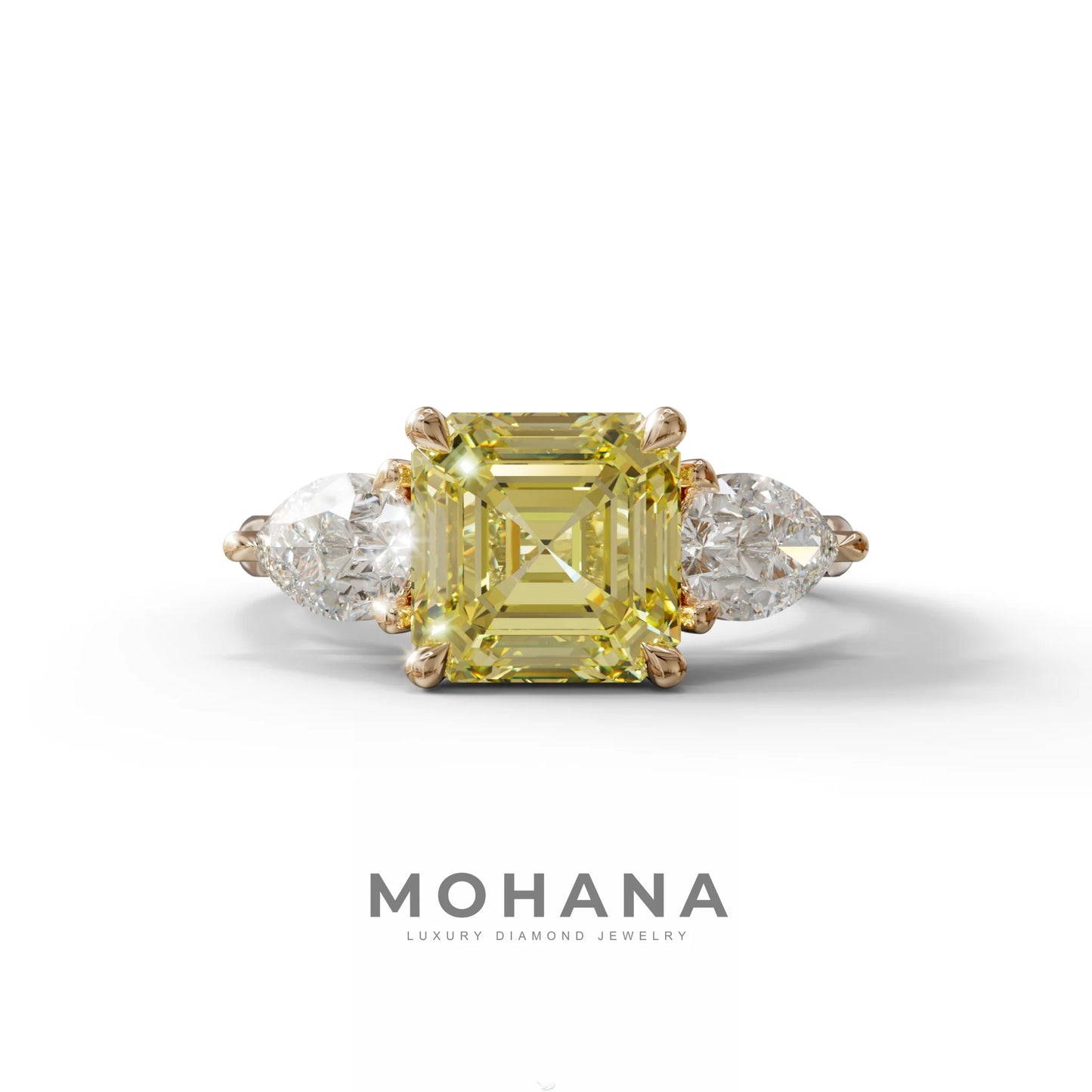 4 Carat Canary Yellow Asscher Cut Three Stone Lab Grown Diamond Engagement Ring - 10K Solid Gold / Rose Gold