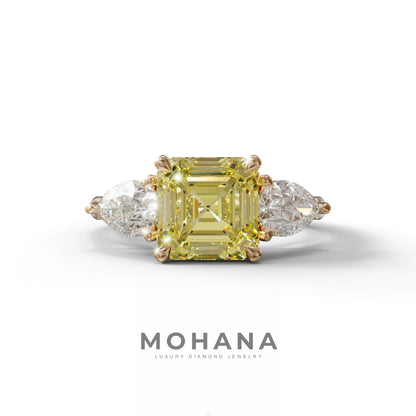 4 Carat Canary Yellow Asscher Cut Three Stone Lab Grown Diamond Engagement Ring - 10K Solid Gold / Rose Gold