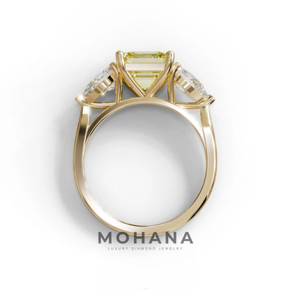 4 Carat Canary Yellow Asscher Cut Three Stone Lab Grown Diamond Engagement Ring