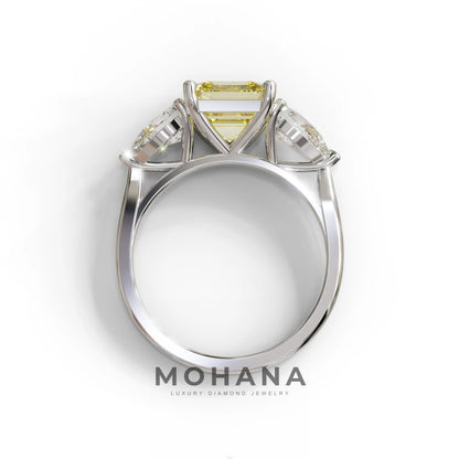 4 Carat Canary Yellow Asscher Cut Three Stone Lab Grown Diamond Engagement Ring