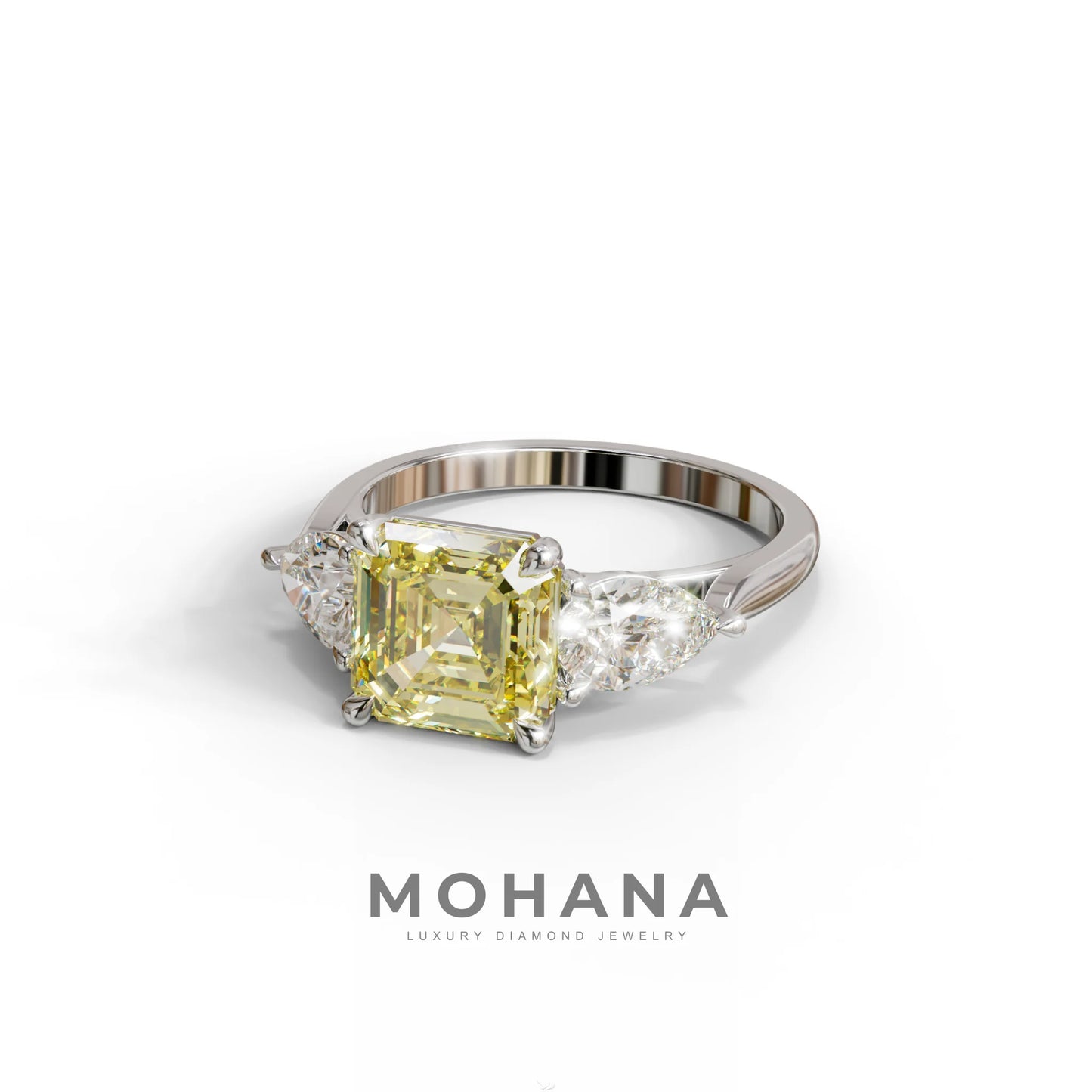 4 Carat Canary Yellow Asscher Cut Three Stone Lab Grown Diamond Engagement Ring