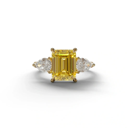 3 Carat Yellow Emerald Cut Lab Diamond In 3 Stones Claw Prongs Setting Ring - 10K Solid Gold / Yellow Gold