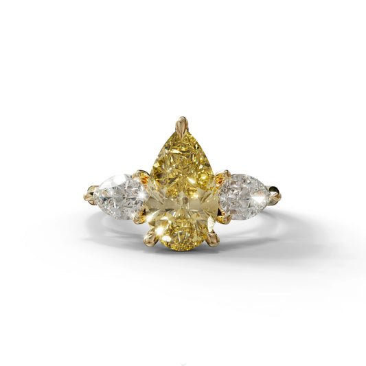 4 Carat Canary Yellow Pear Cut Three Stone Lab Grown Diamond Engagement Ring - 10K Solid Gold / Yellow Gold