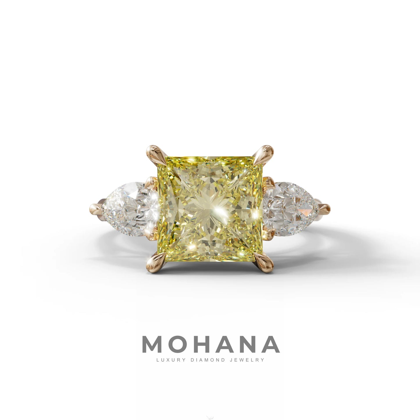 4 Carat Canary Yellow Princess Cut Three Stone Lab Grown Diamond Engagement Ring - 10K Solid Gold / Rose Gold