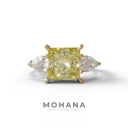 4 Carat Canary Yellow Princess Cut Three Stone Lab Grown Diamond Engagement Ring - 10K Solid Gold / Rose Gold