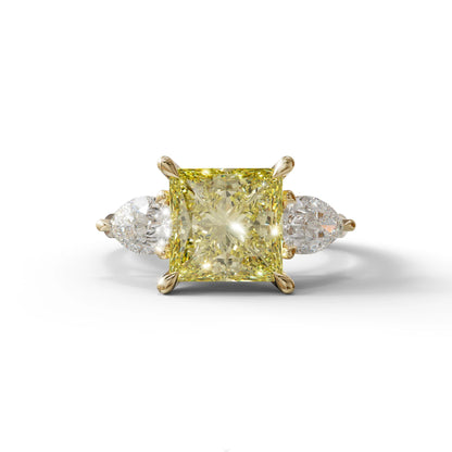 4 Carat Canary Yellow Princess Cut Three Stone Lab Grown Diamond Engagement Ring - 10K Solid Gold / Yellow Gold
