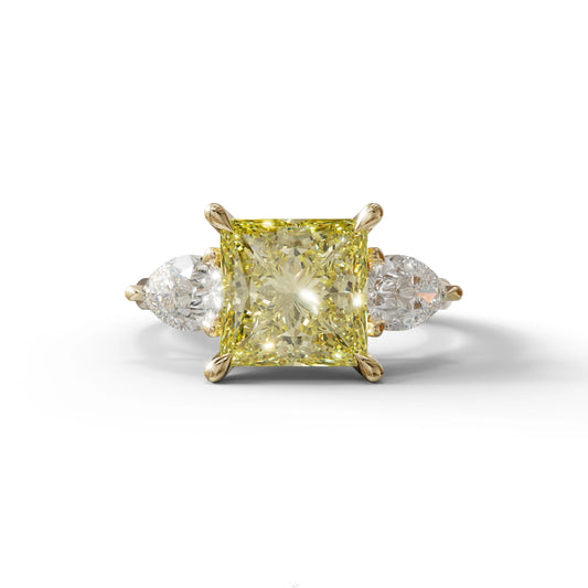 4 Carat Canary Yellow Princess Cut Three Stone Lab Grown Diamond Engagement Ring - 10K Solid Gold / Yellow Gold