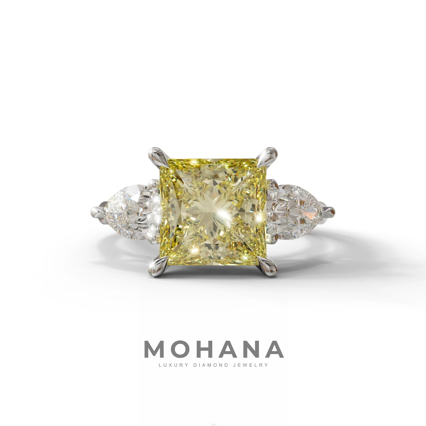 4 Carat Canary Yellow Princess Cut Three Stone Lab Grown Diamond Engagement Ring - 10K Solid Gold / White Gold