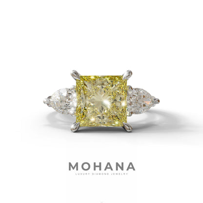 4 Carat Canary Yellow Princess Cut Three Stone Lab Grown Diamond Engagement Ring - 10K Solid Gold / White Gold