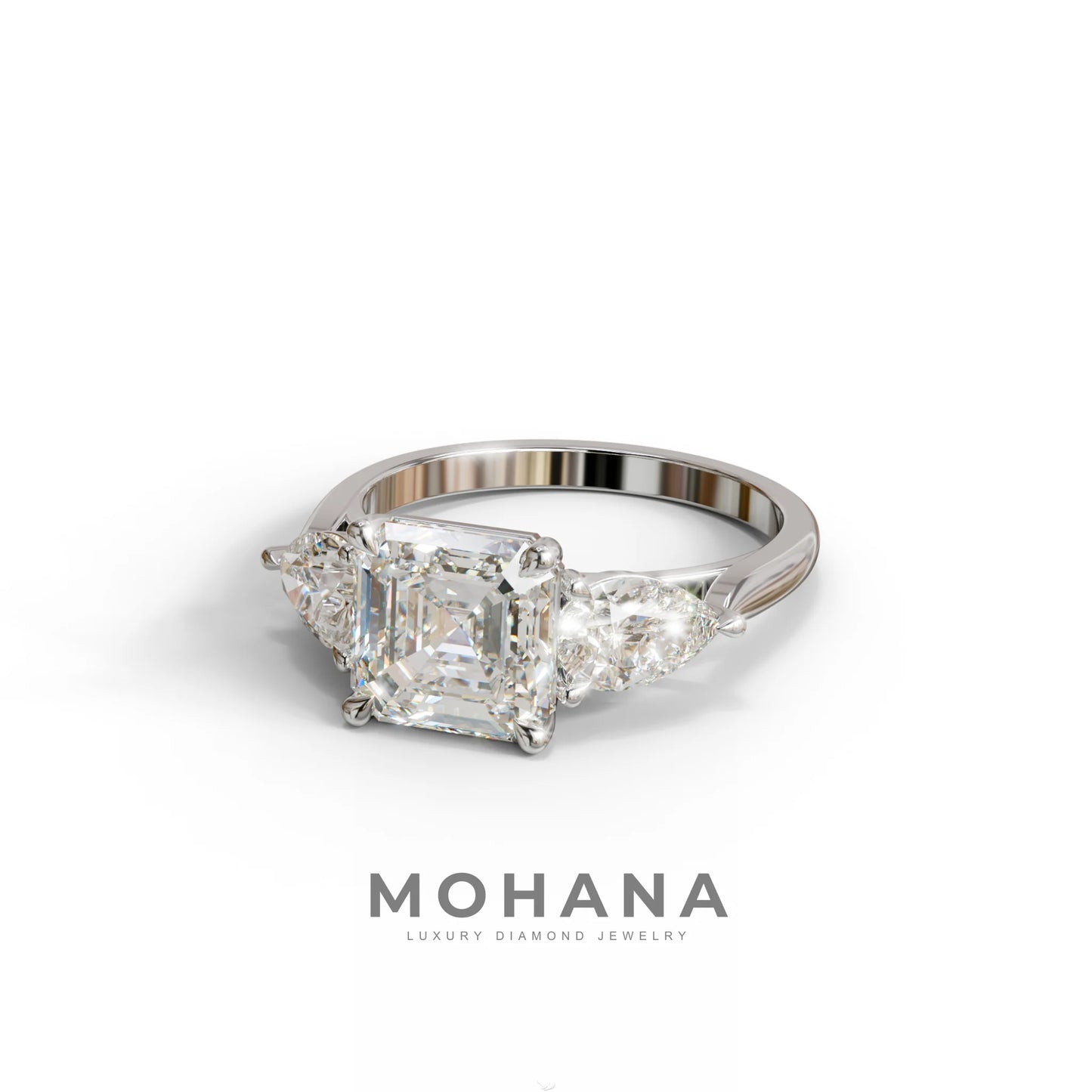 3 Carat E-VVS Asscher Cut Lab Diamond In 3 Stones Claw Prongs Setting Ring