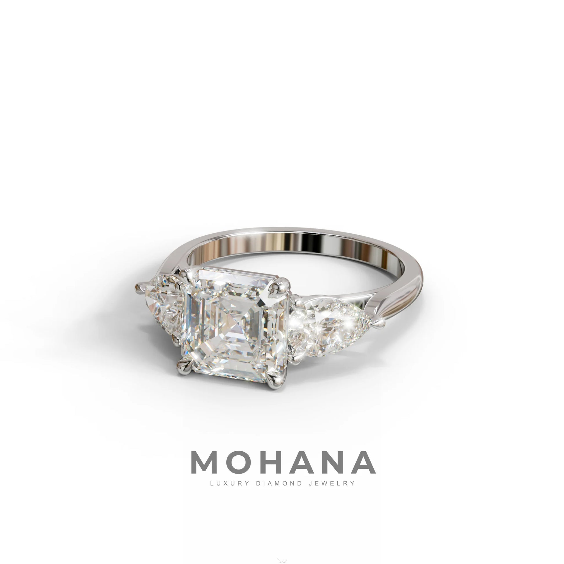 3 Carat E-VVS Asscher Cut Lab Diamond In 3 Stones Claw Prongs Setting Ring