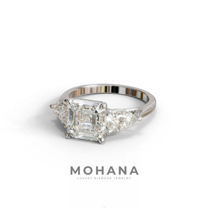 3 Carat E-VVS Asscher Cut Lab Diamond In 3 Stones Claw Prongs Setting Ring
