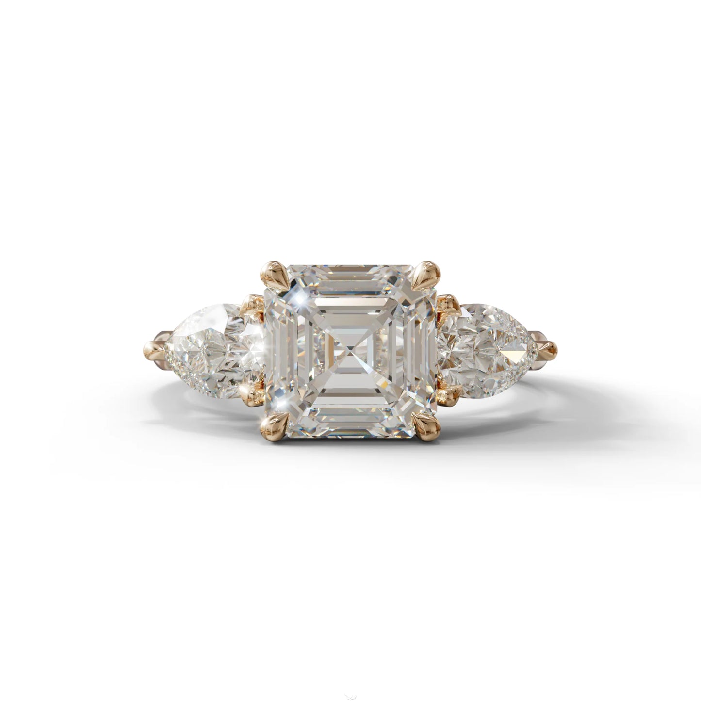 3 Carat E-VVS Asscher Cut Lab Diamond In 3 Stones Claw Prongs Setting Ring - 10K Solid Gold / Rose Gold