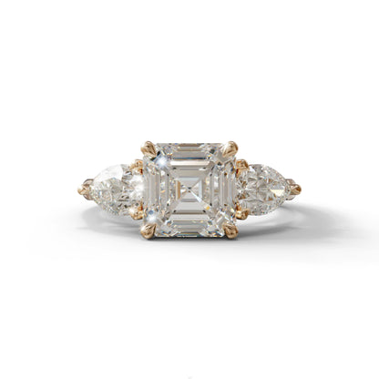 3 Carat E-VVS Asscher Cut Lab Diamond In 3 Stones Claw Prongs Setting Ring - 10K Solid Gold / Rose Gold