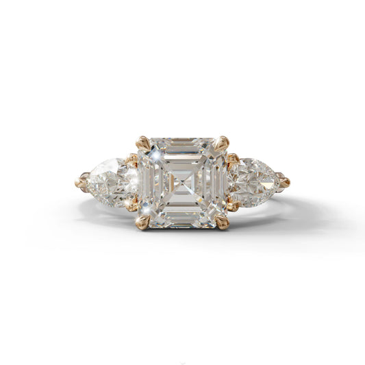 3 Carat E-VVS Asscher Cut Lab Diamond In 3 Stones Claw Prongs Setting Ring - 10K Solid Gold / Rose Gold