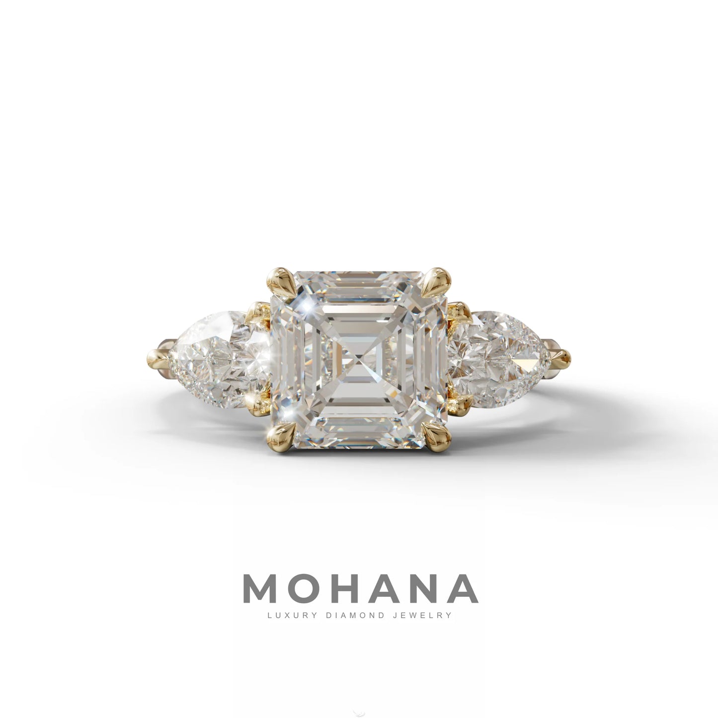 3 Carat E-VVS Asscher Cut Lab Diamond In 3 Stones Claw Prongs Setting Ring - 10K Solid Gold / Yellow Gold