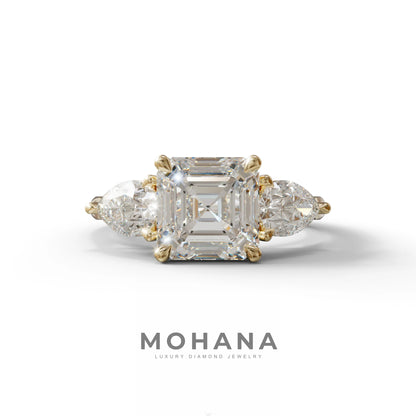 3 Carat E-VVS Asscher Cut Lab Diamond In 3 Stones Claw Prongs Setting Ring - 10K Solid Gold / Yellow Gold