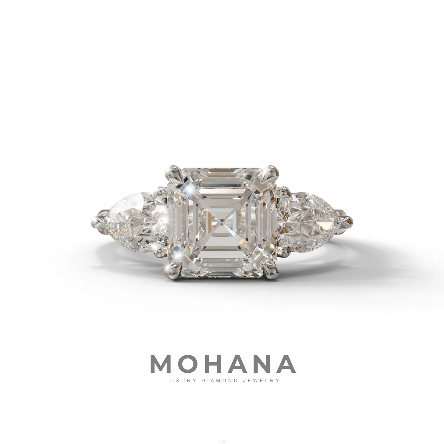 3 Carat E-VVS Asscher Cut Lab Diamond In 3 Stones Claw Prongs Setting Ring - 10K Solid Gold / White Gold