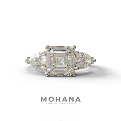 3 Carat E-VVS Asscher Cut Lab Diamond In 3 Stones Claw Prongs Setting Ring - 10K Solid Gold / White Gold