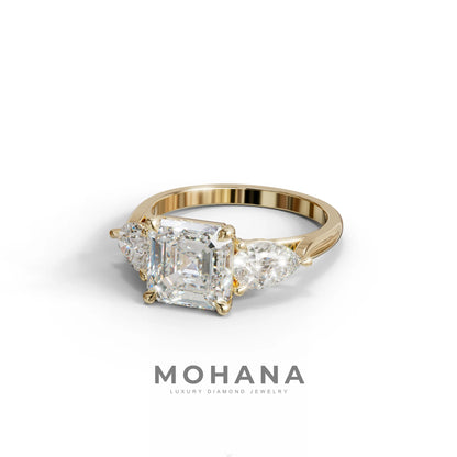 3 Carat E-VVS Asscher Cut Lab Diamond In 3 Stones Claw Prongs Setting Ring