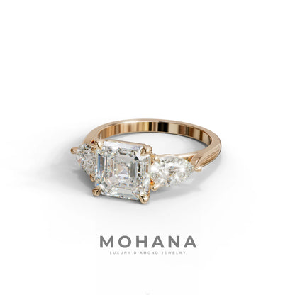 3 Carat E-VVS Asscher Cut Lab Diamond In 3 Stones Claw Prongs Setting Ring