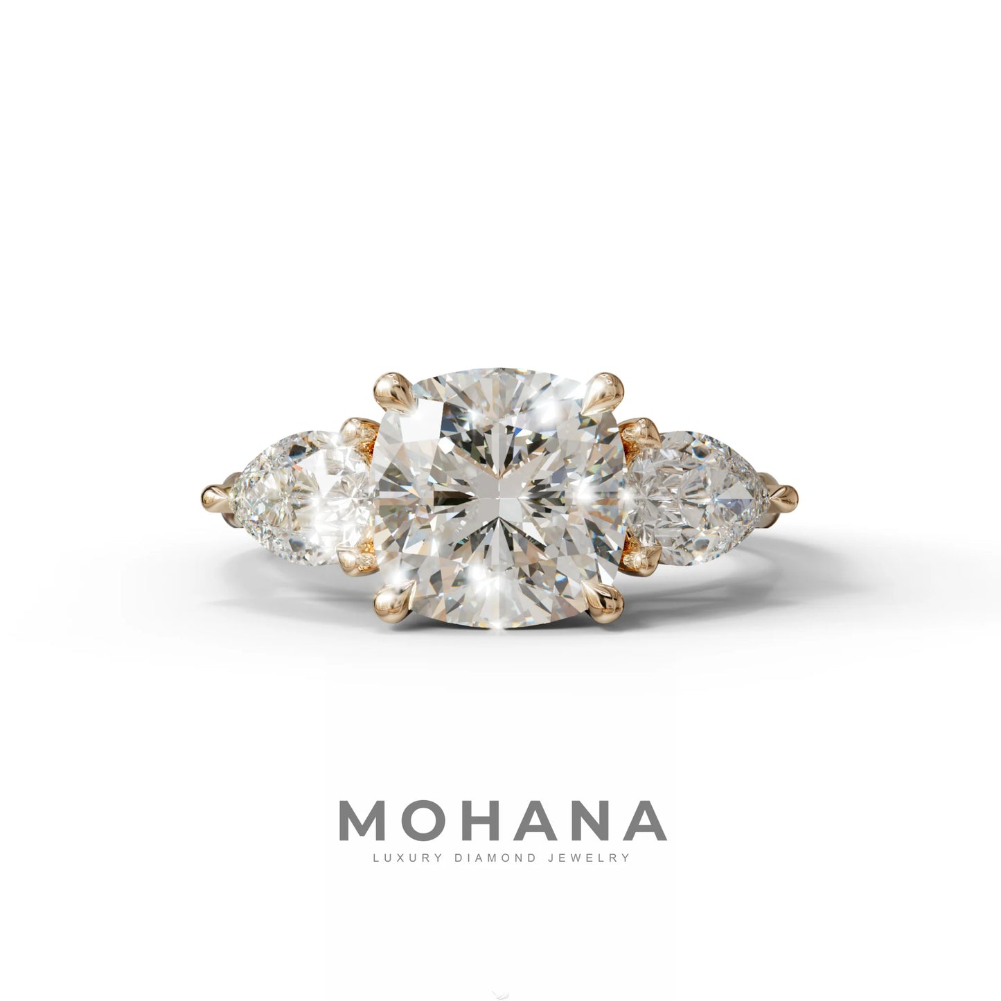 3 Ct E/VVS Cushion Cut Lab Diamond In 3 Stones Claw Prongs Setting Ring - 10K Solid Gold / Rose Gold