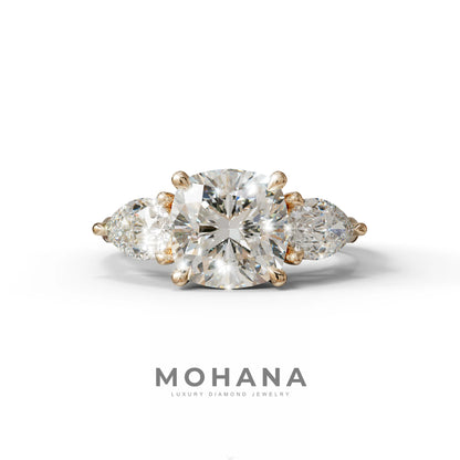 3 Ct E/VVS Cushion Cut Lab Diamond In 3 Stones Claw Prongs Setting Ring - 10K Solid Gold / Rose Gold