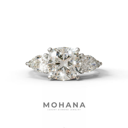 3 Ct E/VVS Cushion Cut Lab Diamond In 3 Stones Claw Prongs Setting Ring - 10K Solid Gold / White Gold