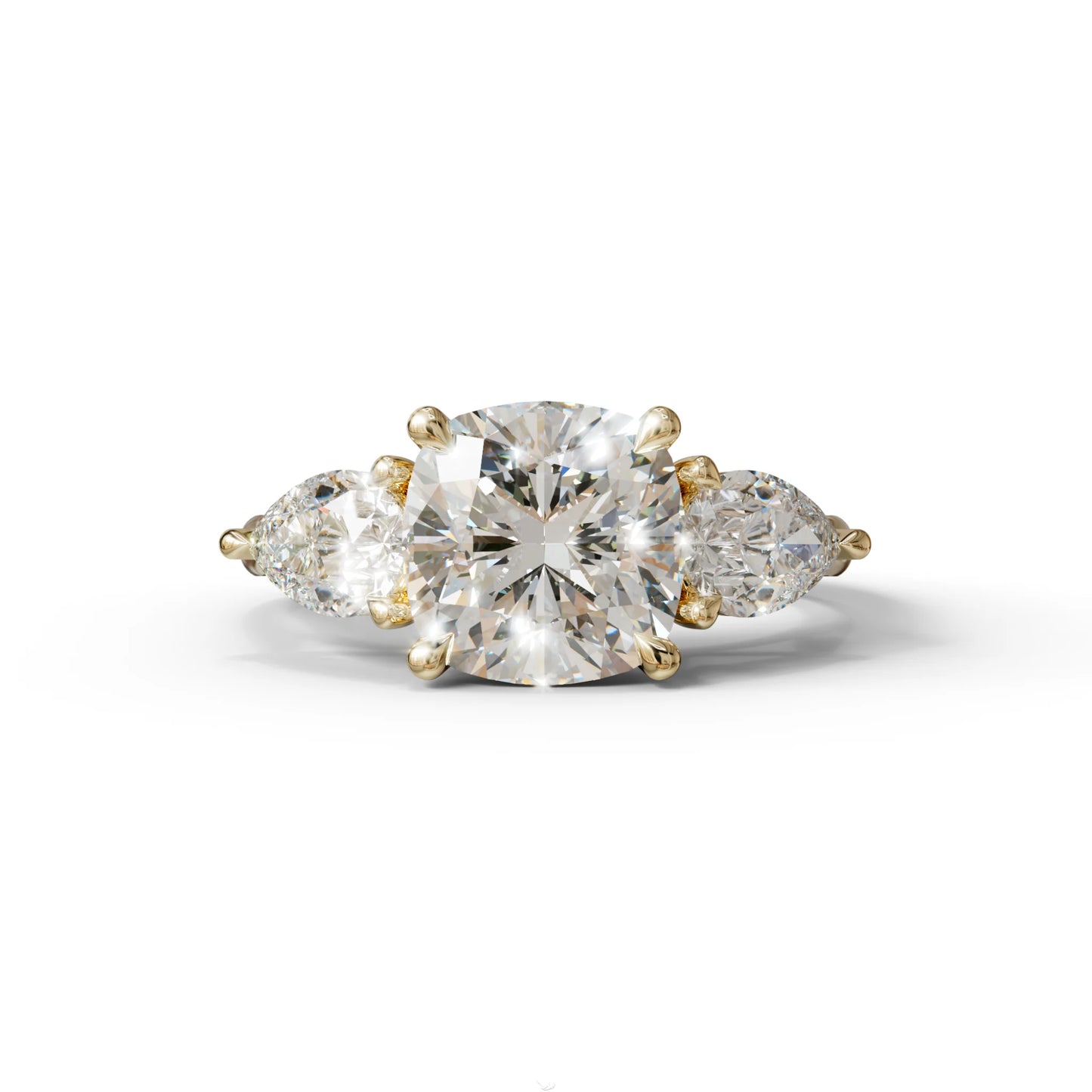 3 Ct E/VVS Cushion Cut Lab Diamond In 3 Stones Claw Prongs Setting Ring - 10K Solid Gold / Yellow Gold