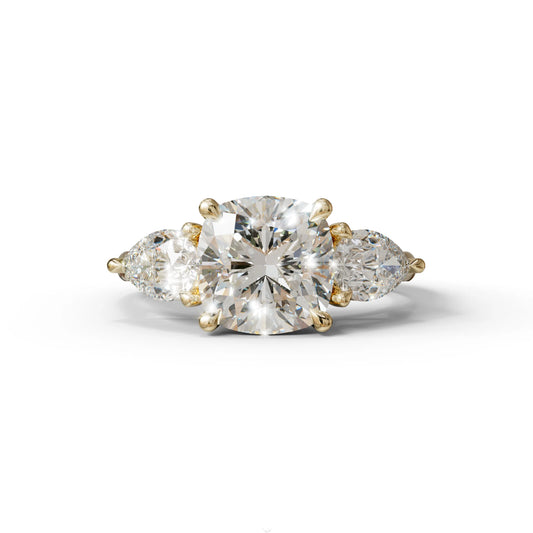 3 Ct E/VVS Cushion Cut Lab Diamond In 3 Stones Claw Prongs Setting Ring - 10K Solid Gold / Yellow Gold