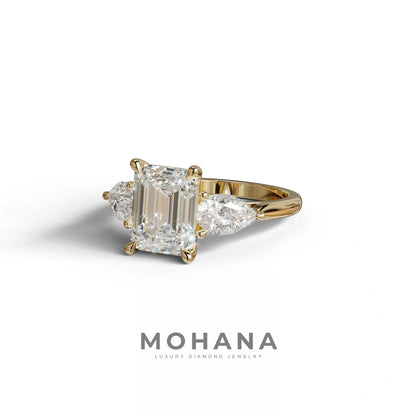 4 Carat E/VVS Emerald & Pear Cut Three Stone Lab Grown Diamond Engagement Ring