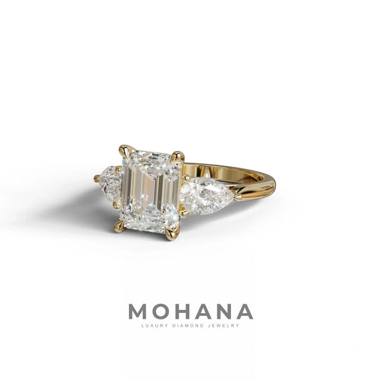 4 Carat E/VVS Emerald & Pear Cut Three Stone Lab Grown Diamond Engagement Ring