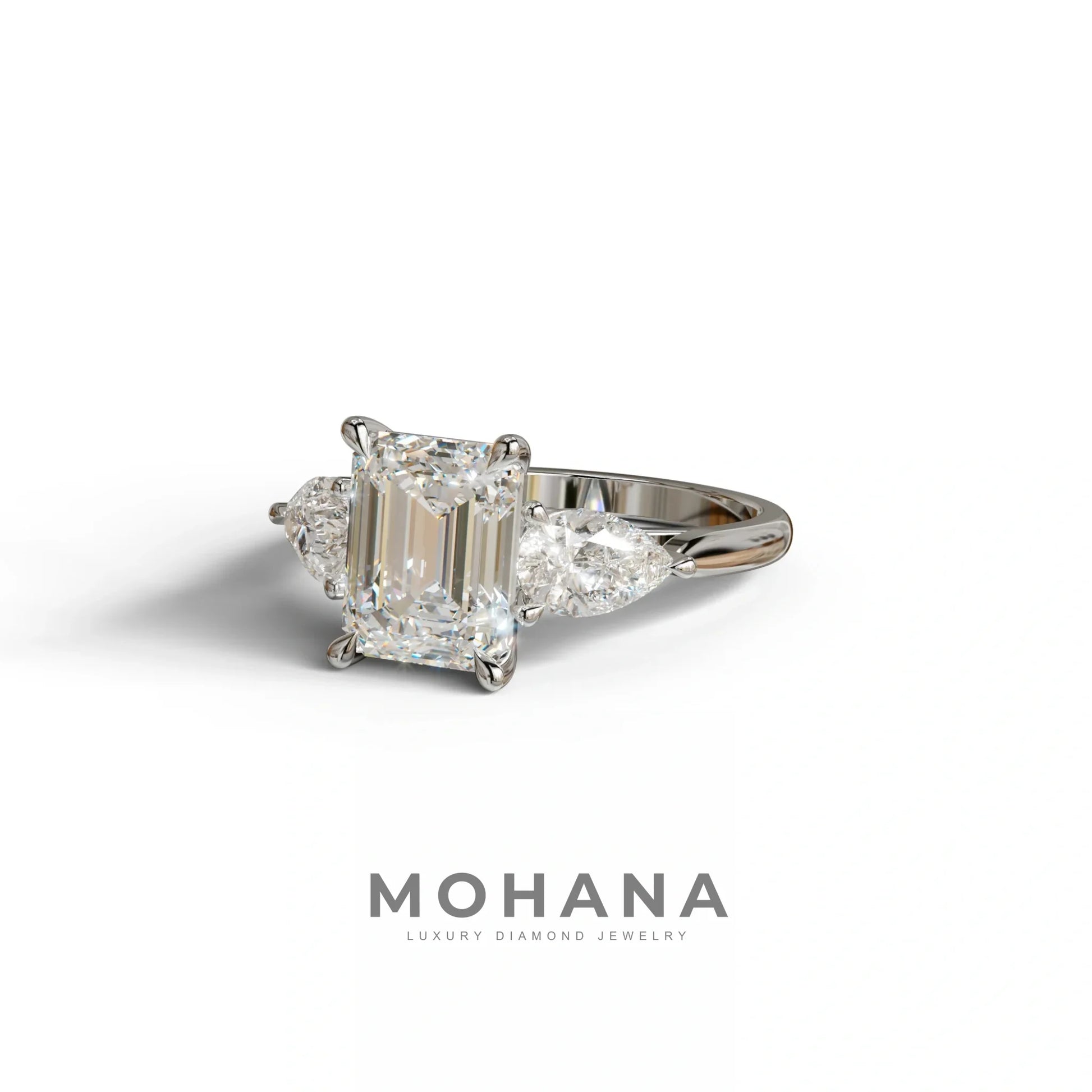 4 Carat E/VVS Emerald & Pear Cut Three Stone Lab Grown Diamond Engagement Ring