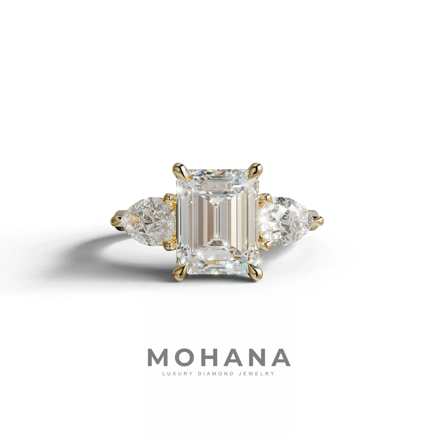 4 Carat E/VVS Emerald & Pear Cut Three Stone Lab Grown Diamond Engagement Ring - 10K Solid Gold / Yellow Gold