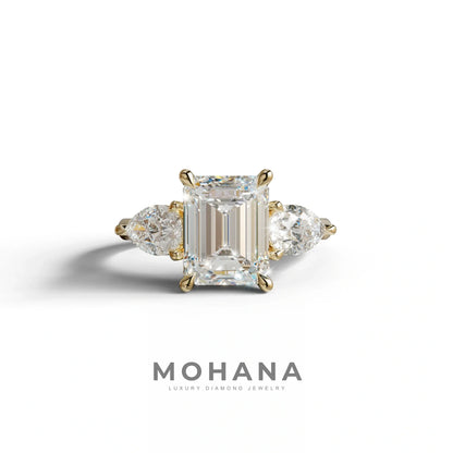 4 Carat E/VVS Emerald & Pear Cut Three Stone Lab Grown Diamond Engagement Ring - 10K Solid Gold / Yellow Gold