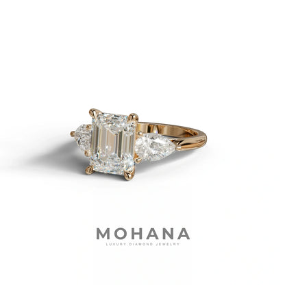 4 Carat E/VVS Emerald & Pear Cut Three Stone Lab Grown Diamond Engagement Ring