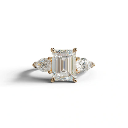 4 Carat E/VVS Emerald & Pear Cut Three Stone Lab Grown Diamond Engagement Ring - 10K Solid Gold / Rose Gold