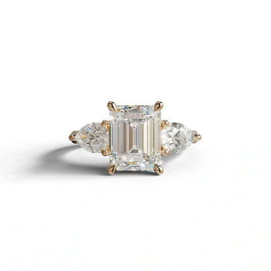 4 Carat E/VVS Emerald & Pear Cut Three Stone Lab Grown Diamond Engagement Ring - 10K Solid Gold / Rose Gold