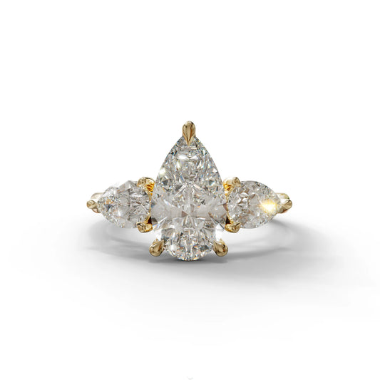 3 Carat E-VVS Pear Cut Lab Diamond In 3 Stones Claw Prongs Setting Ring - 10K Solid Gold / Yellow Gold