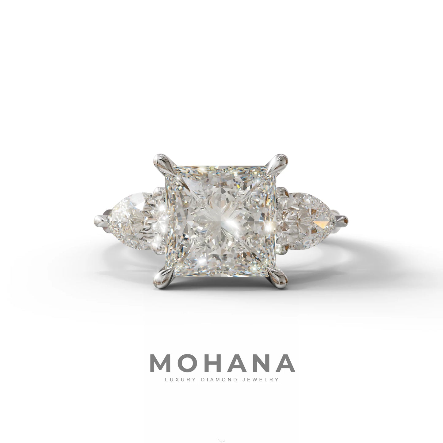 3 Carat E/VVS Princess Cut Lab Diamond In 3 Stones Claw Prongs Setting Ring - 10K Solid Gold / White Gold