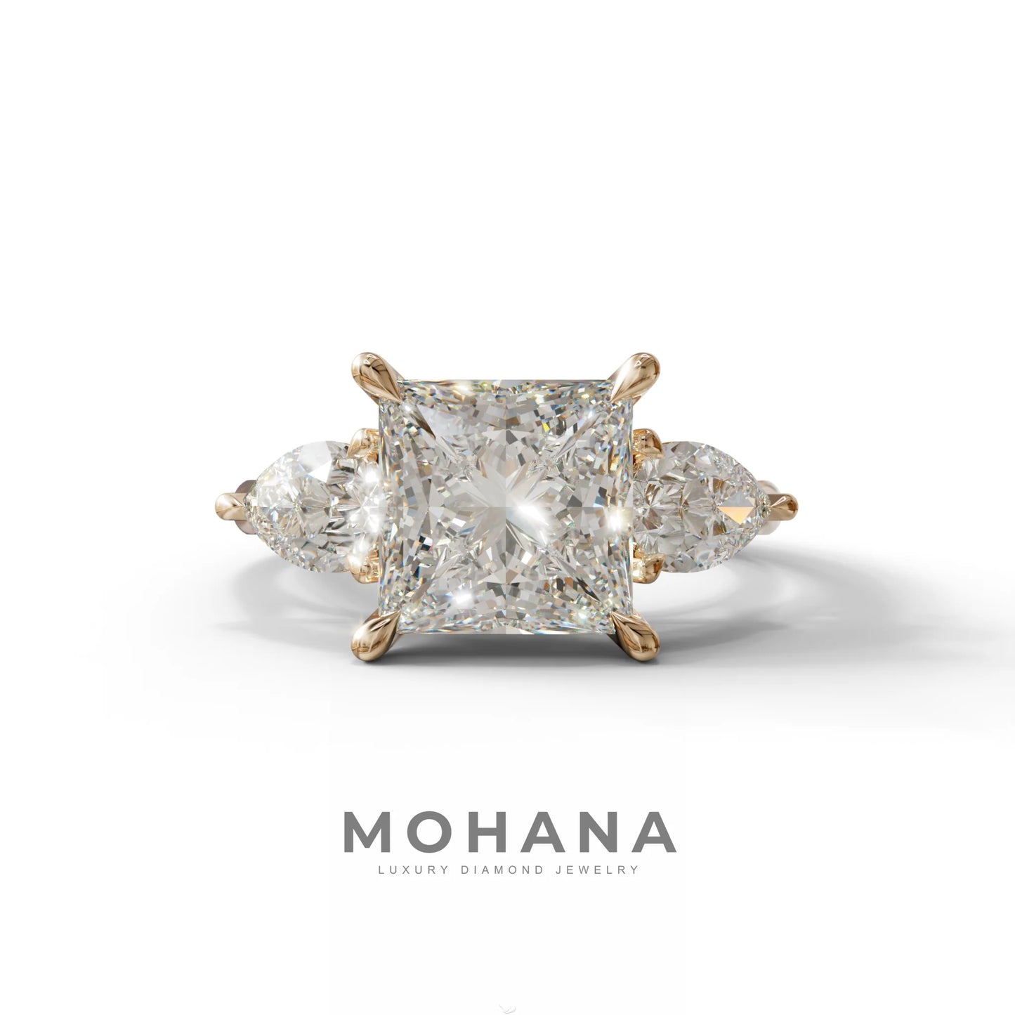 3 Carat E/VVS Princess Cut Lab Diamond In 3 Stones Claw Prongs Setting Ring - 10K Solid Gold / Rose Gold