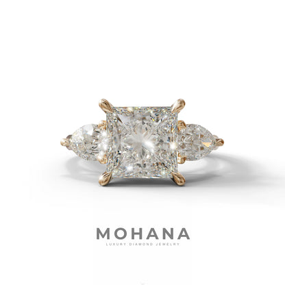 3 Carat E/VVS Princess Cut Lab Diamond In 3 Stones Claw Prongs Setting Ring - 10K Solid Gold / Rose Gold