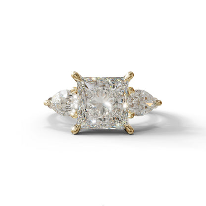 3 Carat E/VVS Princess Cut Lab Diamond In 3 Stones Claw Prongs Setting Ring - 10K Solid Gold / Yellow Gold