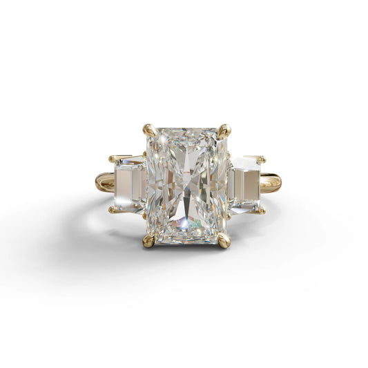 4 Carat Radiant & Trapezoid Three Stone Engagement Ring - Embrace - 10K Solid Gold / Yellow Gold