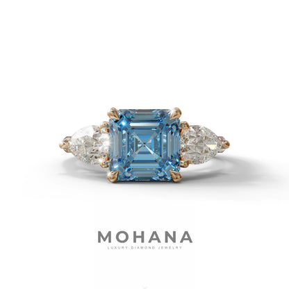 4 Carat Fancy Blue Asscher Cut Three Stone Lab Grown Diamond Engagement Ring - 10K Solid Gold / Rose Gold