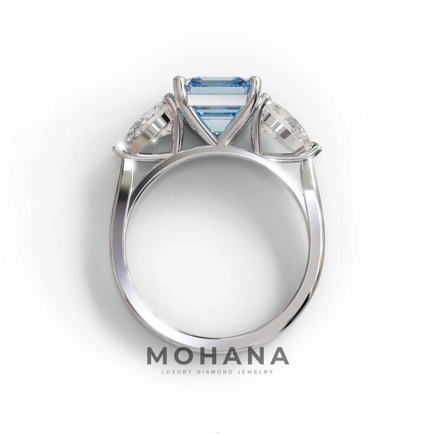 4 Carat Fancy Blue Asscher Cut Three Stone Lab Grown Diamond Engagement Ring